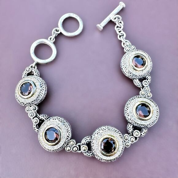 Vintage Premier Designs Retired Two-Tone Silver Link Bracelet Smoky Glass Stones - Picture 1 of 6